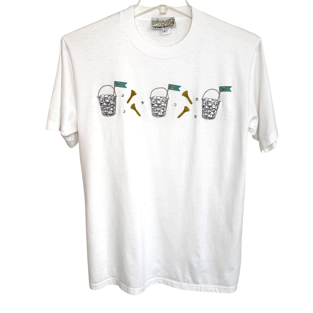 90s Golf Embroidered Rhinestone T-Shirt White Cotton Blend Studio 3 Large L